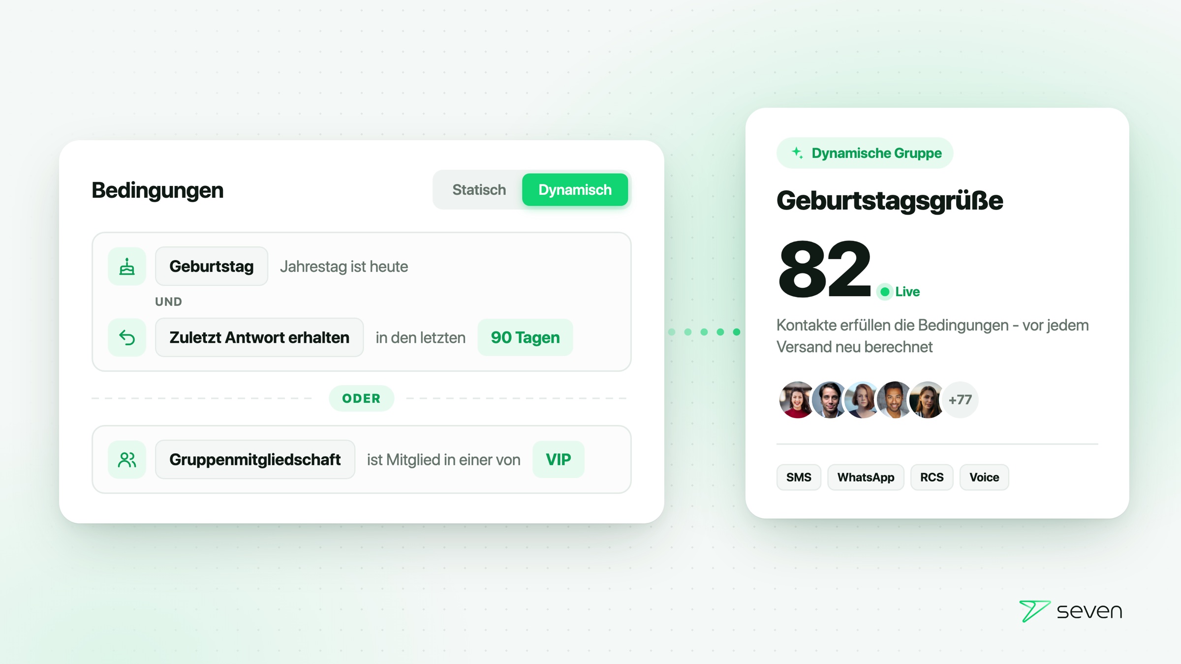 Eine dynamische Gruppe mit Bedingungen zu Geburtstag, letzter Antwort und Gruppenmitgliedschaft, die 82 passende Kontakte anzeigt