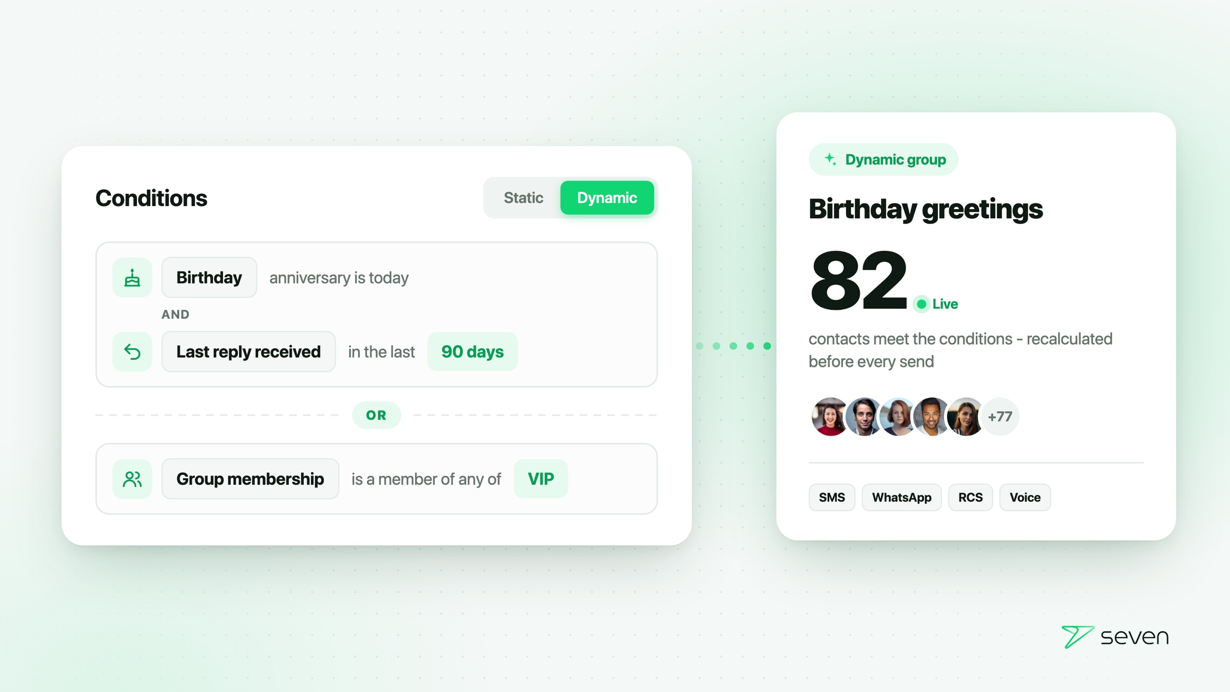 A dynamic group with conditions on birthday, last reply and group membership, showing 82 matching contacts